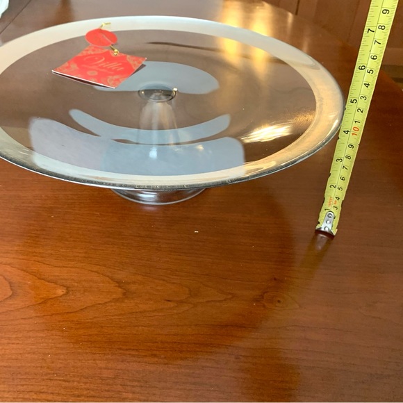 13” inches round clear glass cake stand with pedestal and shiny silver trim line - Picture 6 of 6